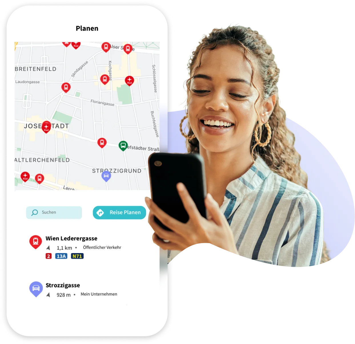 Person mit Smartphone, daneben die Routensuche der FluidLife App