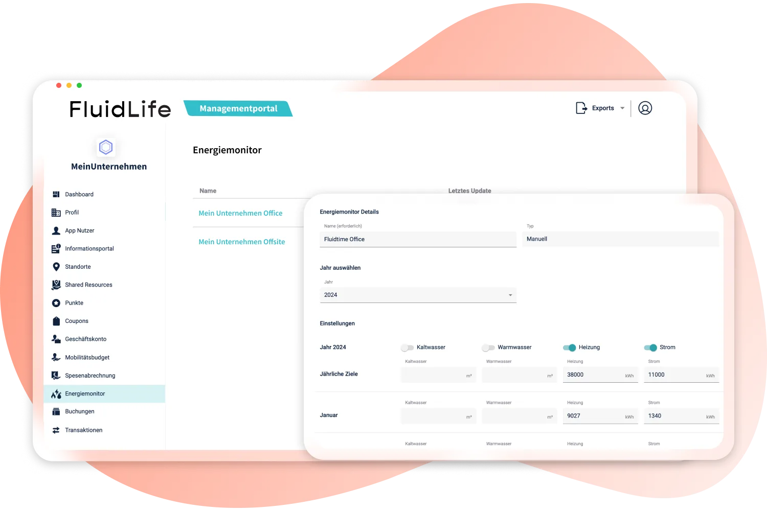 Energiemonitor und Buchungsübersicht im FluidLife Managementportal