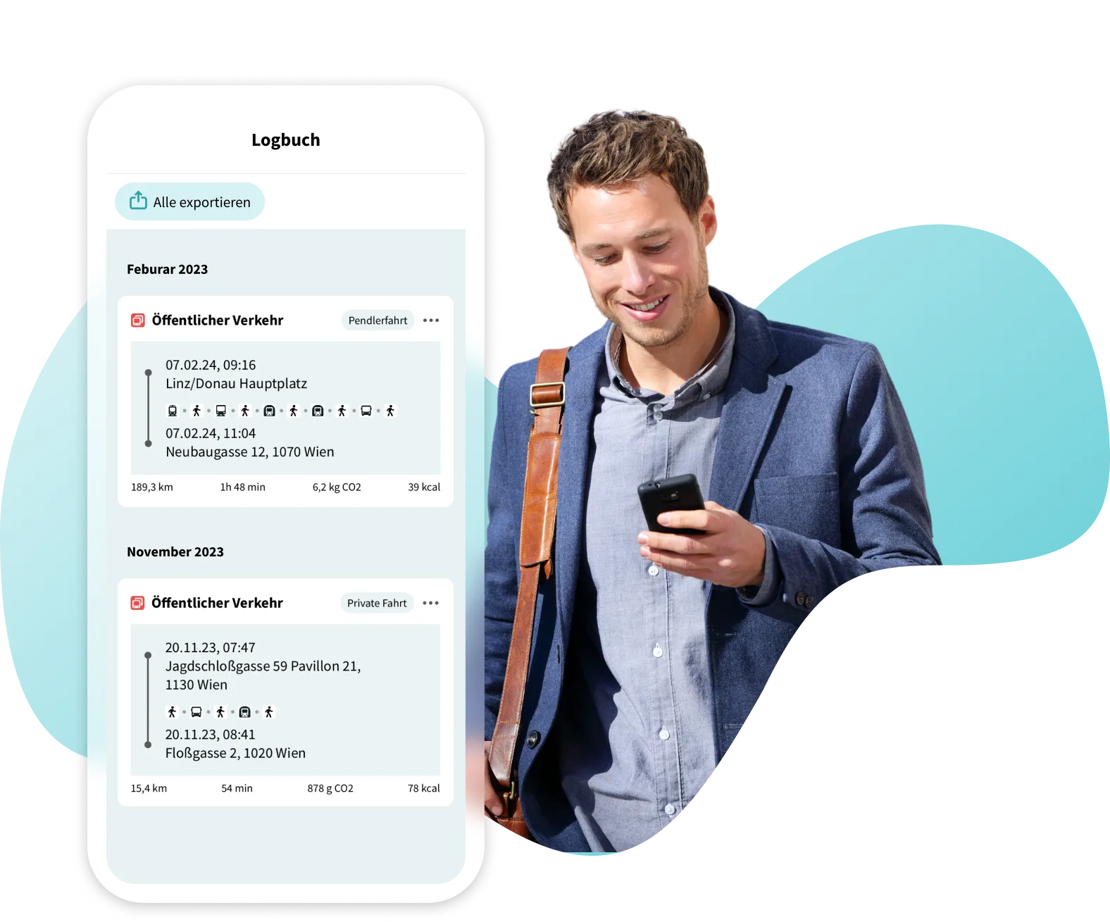 Person mit Smartphone, daneben das Fahrtenbuch in der FluidLife App