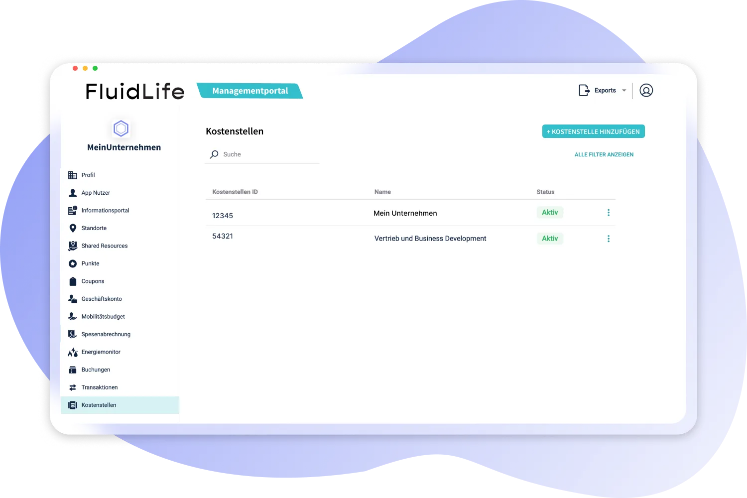 Geschäftskonto mit Kostenstellen im FluidLife Managementportal