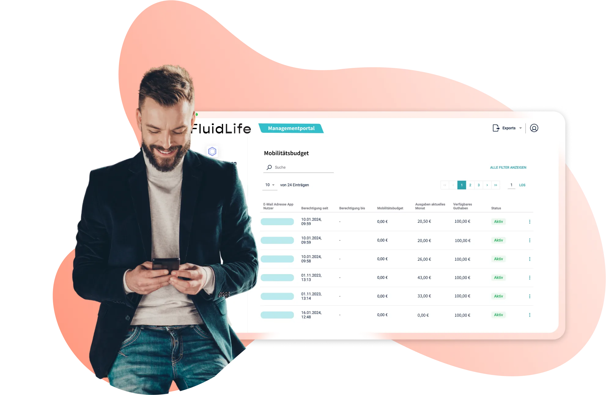 Person mit Laptop, daneben die Ansicht des Geschäftskontos im FluidLife Managementportal