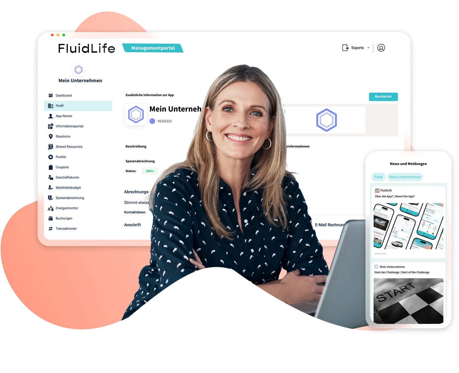 Person arbeitet am Laptop, daneben das FluidLife Managementportal und die App am Smartphone