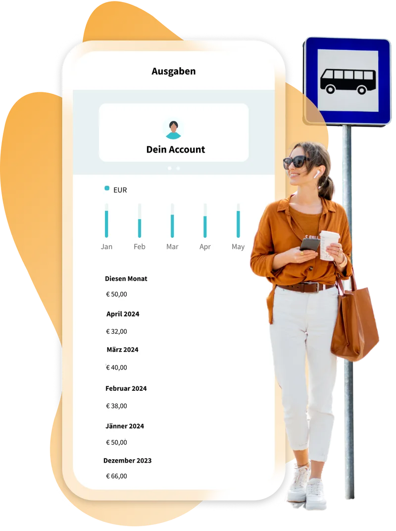 Person mit Smartphone, daneben das Mobilitätsbudget in der FluidLife App