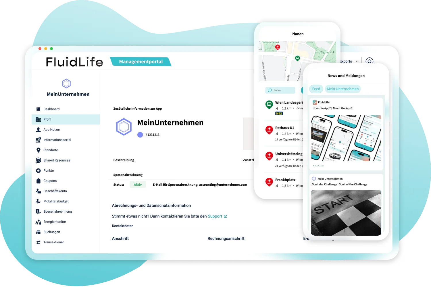 FluidLife App am Smartphone und Managementportal am Bildschirm