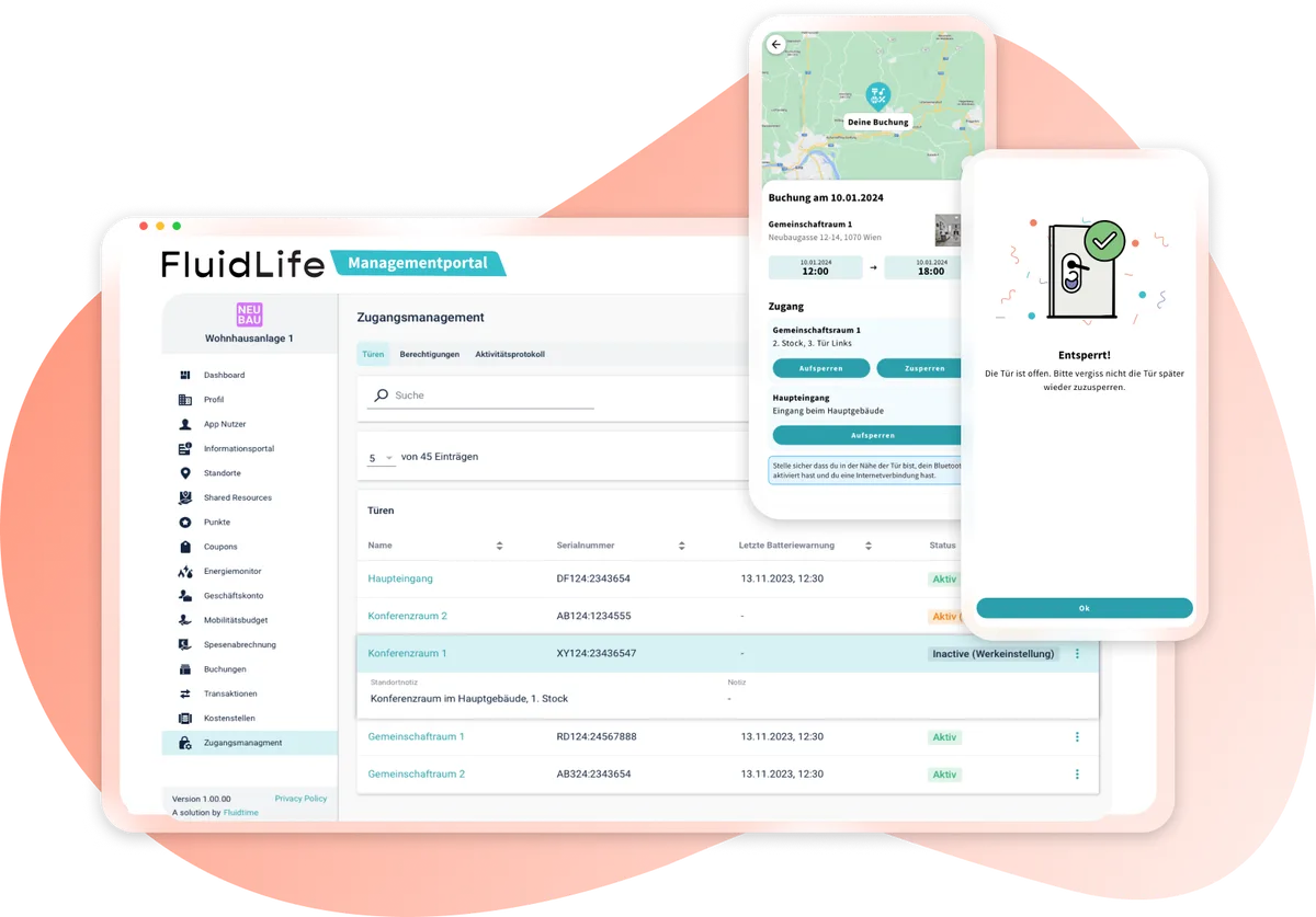 Buchung mit digitalem Zugang in der FluidLife App und Buchungsübersicht im Managementportal