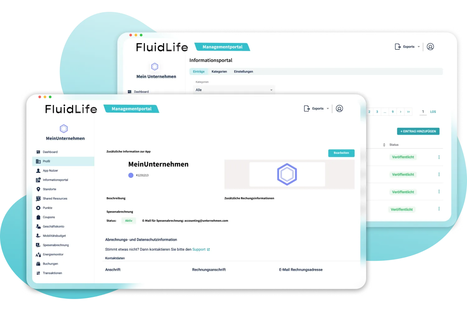 Einstellungen im FluidLife Managementportal am Desktop