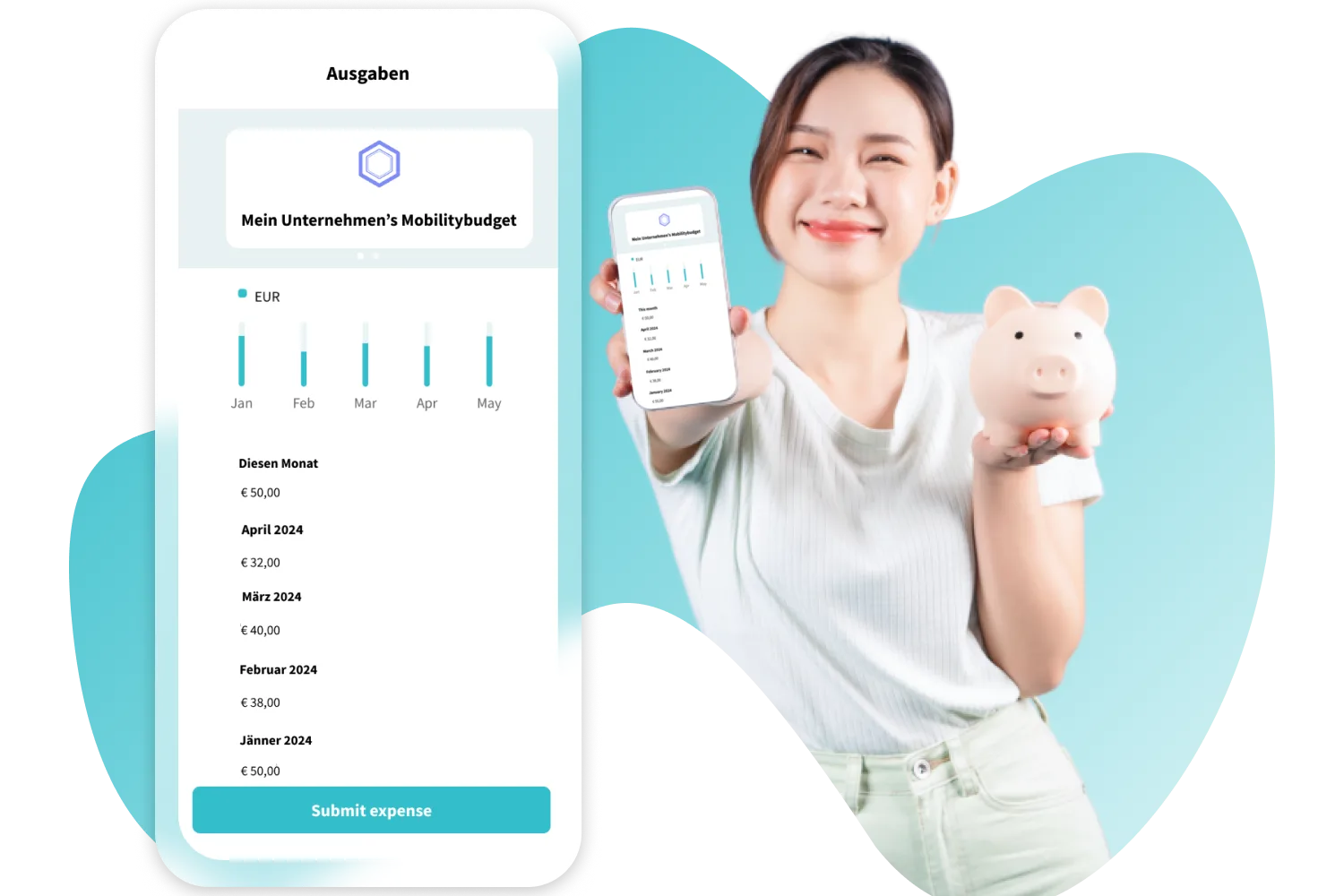 Person mit Smartphone, daneben die Ausgabenübersicht des Mobilitätsbudgets in der FluidLife App