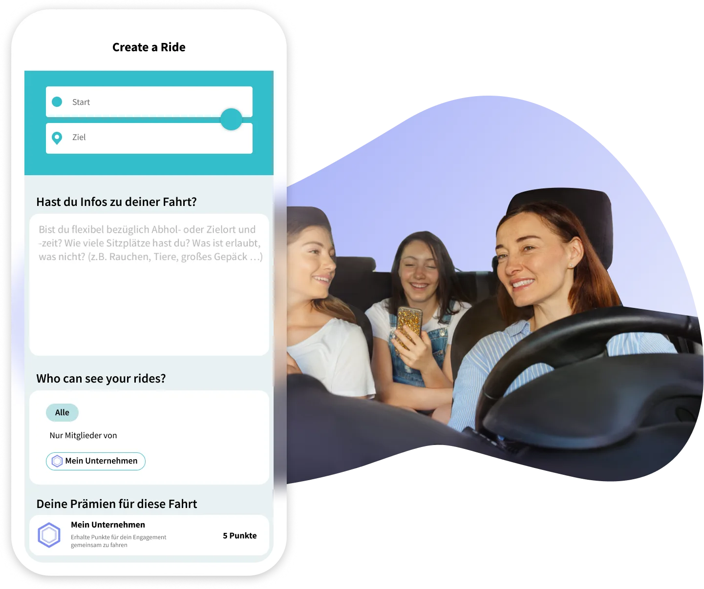 Kolleginnen fahren gemeinsam im Auto, daneben die Ansicht „Fahrt anbieten“ in der FluidLife App
