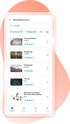 Liste buchbarer Ressourcen wie Parkplätze in der FluidLife App