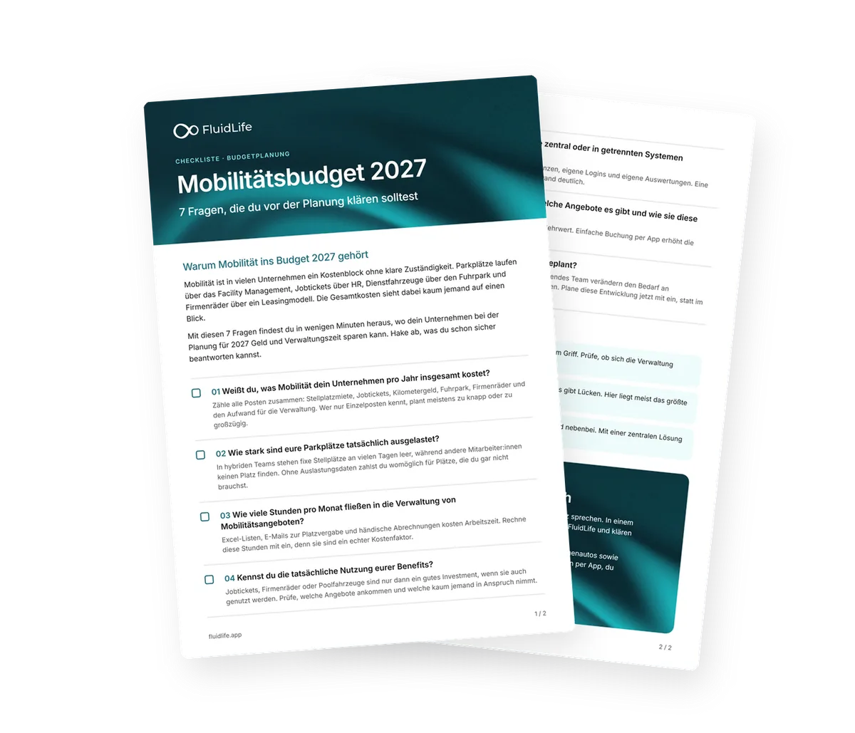 Vorschau der FluidLife-Checkliste Mobilitätsbudget 2027 mit 7 Fragen zum Abhaken