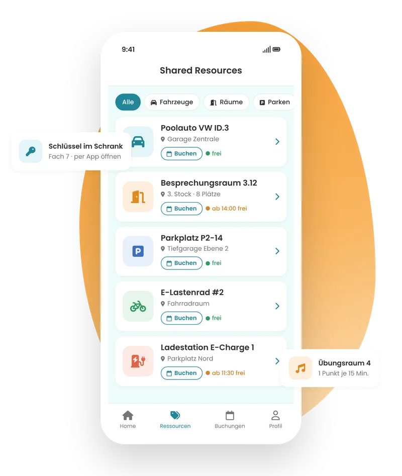 FluidLife App mit buchbaren Shared Resources wie Poolauto, Besprechungsraum, Parkplatz, E-Lastenrad und Ladestation