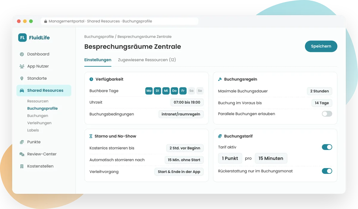 Buchungsprofil im FluidLife Managementportal mit Verfügbarkeit, Buchungsregeln, Stornofrist, No-Show und Buchungstarif