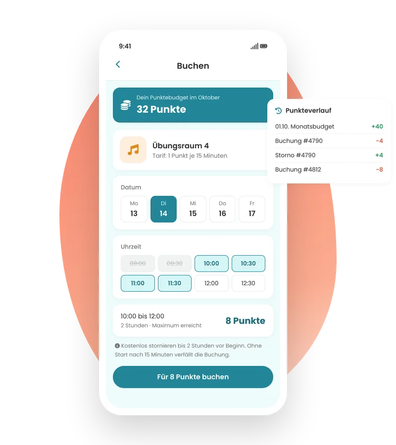 Buchung eines Übungsraums in der FluidLife App mit Punktebudget, Tarif und Punkteverlauf