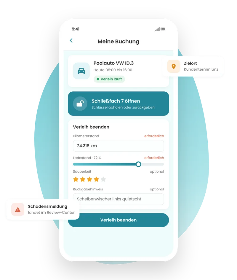 Laufender Verleih eines Poolautos in der FluidLife App mit Schließfach öffnen und Rückgabe mit Kilometerstand und Ladestand