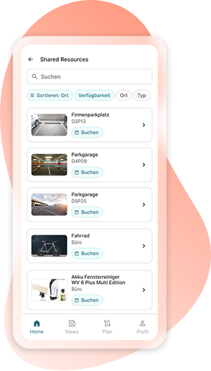 FluidLife App Shared Resources Liste – Übersichtliche Liste mit verfügbaren Ressourcen wie Parkplätze oder Fahrräder